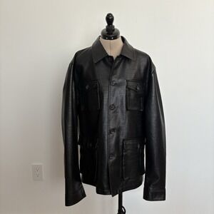 Marc Asher Mens Faux Leather Jacket Large Black Textured Button Front Pockets